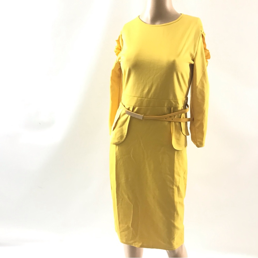METAMORPHOSIS Girl Women’s Yellow Dress Size S Pleated Sleeve Work Career Belted